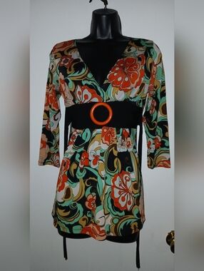 Pre-loved Roommates Multicolor Retro Floral Empire Dress with Belted Waist.